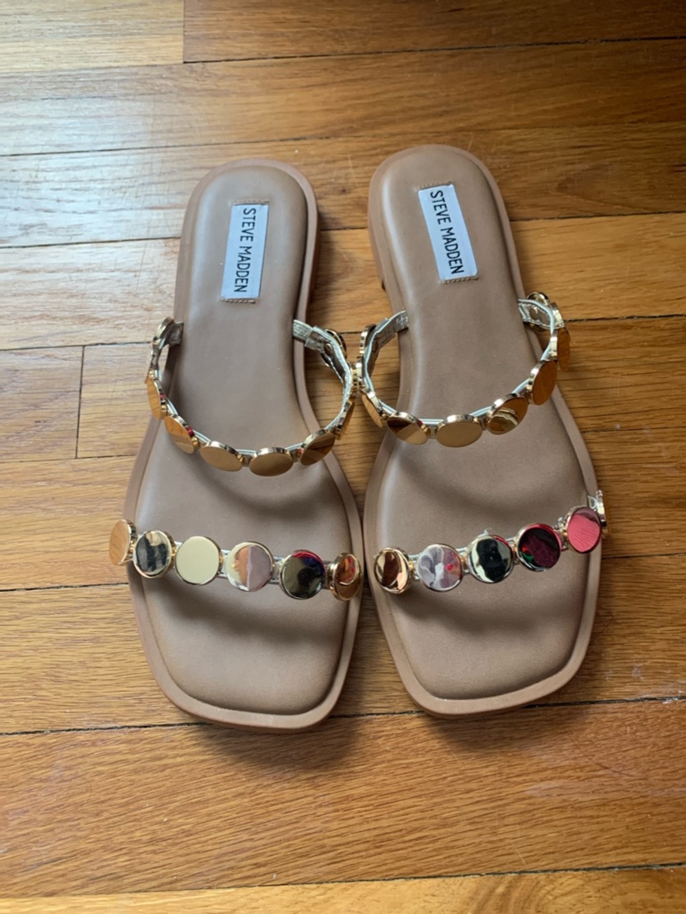 Steve Madden Tan Slide Sandals with Gold Disc Accents
